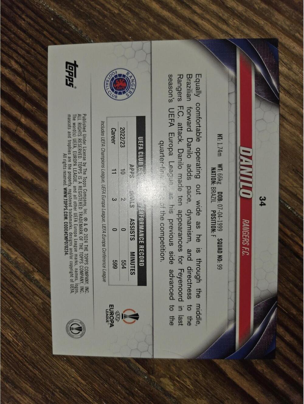 2023-24 Topps UEFA Club Competitions Danilo #34 Rangers FC